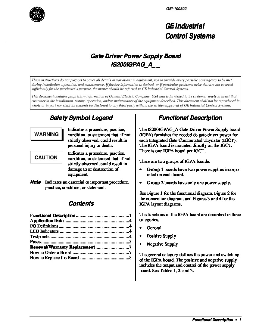 First Page Image of IS200IGPAG1A Gate Driver Power Supply Board GEI-100302.pdf